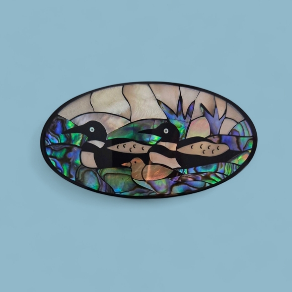Vintage mother-of-pearl abalone inlays Hair Clip ducks family play in the River - Picture 3 of 17